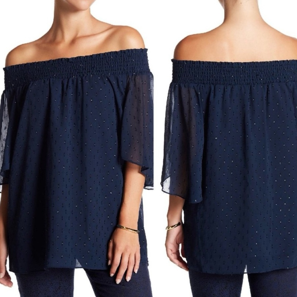 NWT. Tahari. Medium navy blue with sparkles! Off the shoulder top with sleeves